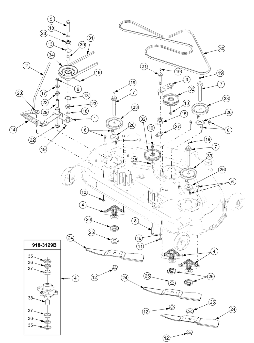 Deck Drive And Spindle Assembly 44 Inch Diagram and Parts List for GT2186-44 13A298L710-13A298L712 Cub Cadet Lawn Tractor